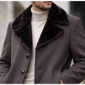 Stratojac Heritage Brown Long Coat Men L 42 Faux Fur Collar Overcoat VTG 70s USA